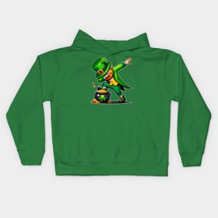 Funny Dabbing Leprechaun in dab dance pose on Pot of Gold Coins for St Patrick's Day Kids Hoodie